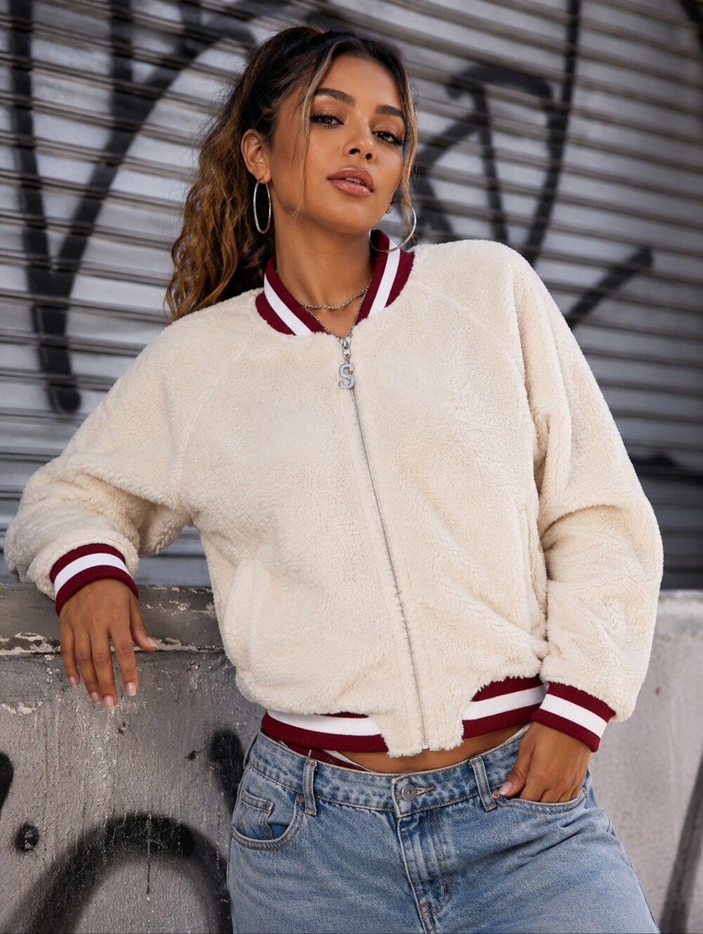 SOUTHPOLE NWT Teddy Bomber Jacket Womens Juniors Large Cream Varsity Cozy Y2K